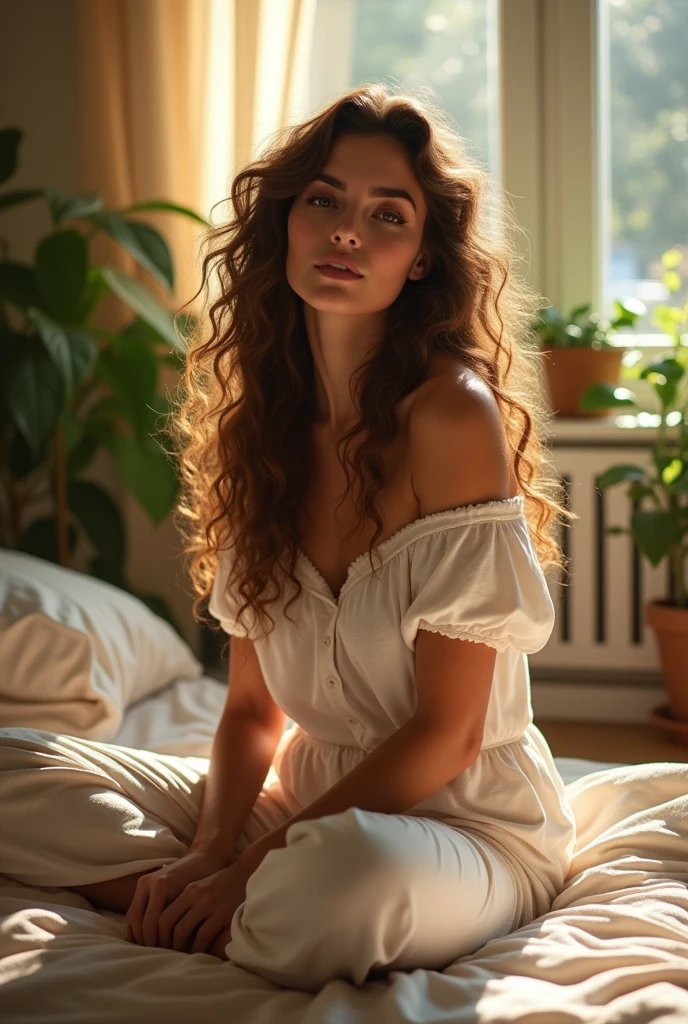 (photorealism:1.2), beautiful woman, sitting on bed, wearing loose off-shoulder top, pajama pants, long curly hair, indoors, soft lighting, plants in background, window with sunlight, cozy room, relaxed pose, realistic, intricate details, warm colors, by Greg Rutkowski, by Alphonse Mucha