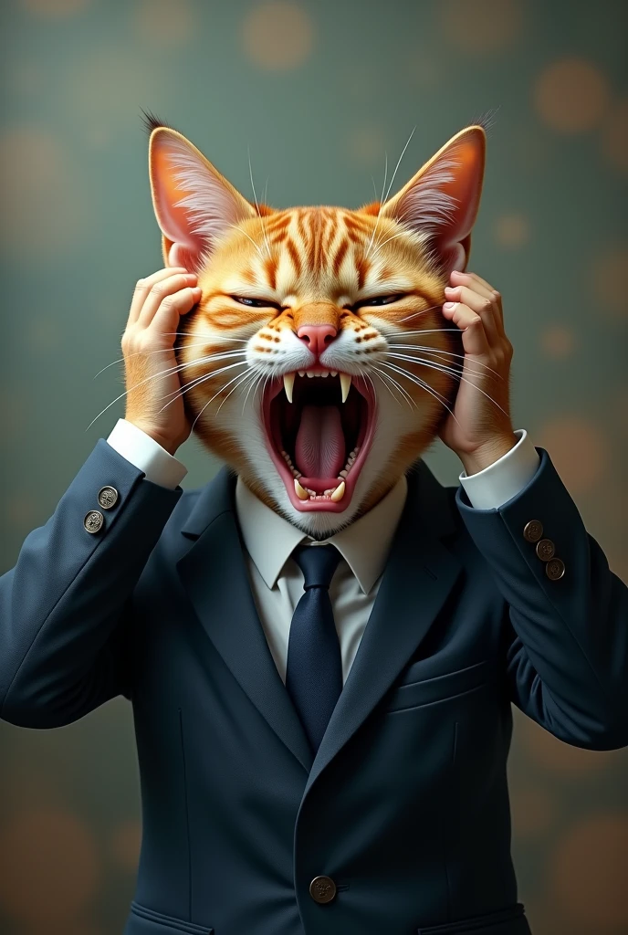 : "AI-generated、clearly showing signs of extreme stress、Image of a cat in a formal suit。 Cats seem to be overwhelmed with anxiety and frustration.、Holding head with both front paws。 Mouth wide open like a scream、Eyes are tightly closed or swollen from tension。 The background is a bit chaotic.、There is a blurry effect.、Emphasize that your cat is under a lot of stress.、Her facial expression and posture vividly portray her emotional turmoil.。"