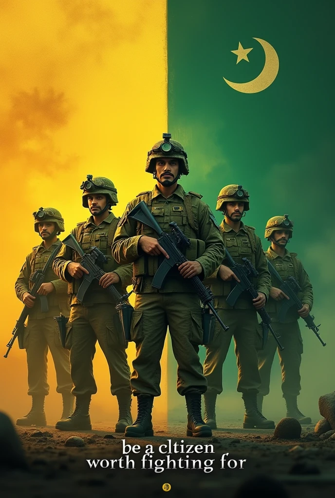 ultra realistic , highly detailed , 8k quality , Create a poster that has yellow left and 25% right green color flag with pakistan soldiers in it and "Be a citizen, worth fighting for" should be written in the photo 