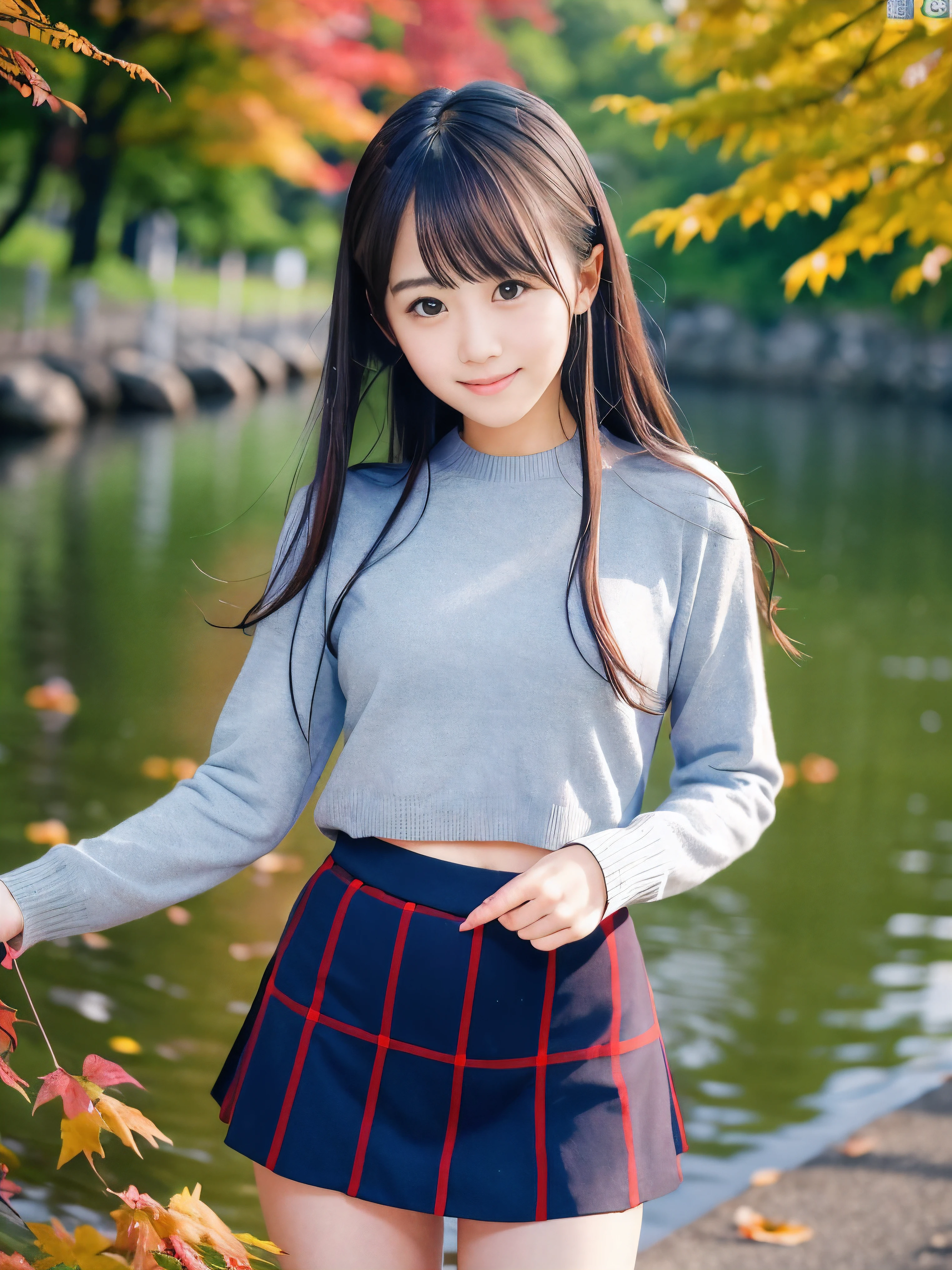 (Close up face shot of one slender small breasts dark silver long hair with swept bangs girl in a long sleeves shirt and sweater and skirt:1.5)、(One girl is dancing with happy smile on the dart road near the lake and big waterfall in Japan:1.5)、(Beautiful autumn red leaves landscape:1.5)、(Natural light:1.5)、(8k ultra detailed master piece:1.5)、(perfect anatomy:1.5)、(Photorealistic stick:1.5)、(Raw photo:1.3)、(highest quality:1.5)、(High resolution:1.3)、(Delicate and beautiful perfect face:1.3)、(Delicate and beautiful eye air skin:1.3)、(Real Human Skin:1.3)、((thin legs))