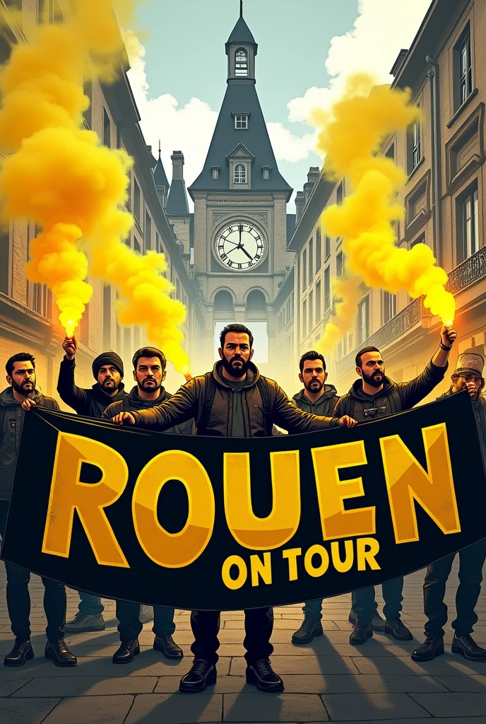 Image illustration de la rue du gros horloge de la ville de Rouen en fond et un groupe de supporters hommes de style ultras hooligans avec des fumigènes jaune dans la main et une bâche devant eux « ROUEN ON TOUR » en jaune avec un contour blanc et noir en premier plan