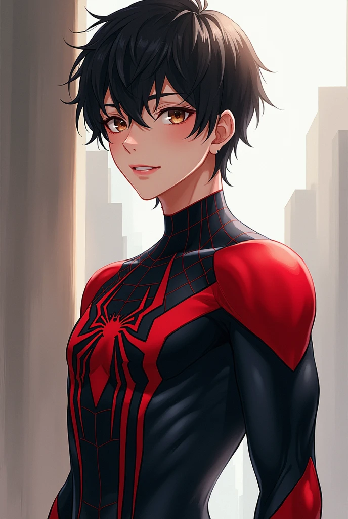 marvel spider man, black hair, pale skin, light brown eyes, no mask, piercing, sexy young boy, 18 years, no mask, black and red suit, anime boy, sexy anime boy, beautiful boy anime