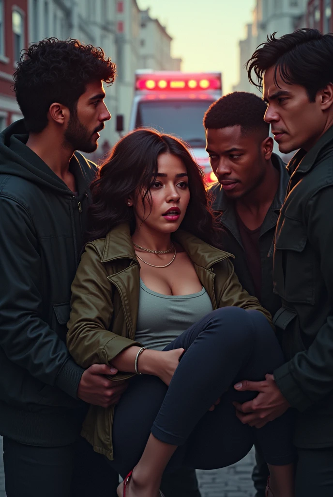 A group of concerned people helping an injured young woman, fear and urgency in their expressions, the woman being carried or supported, an ambulance arriving in the background.