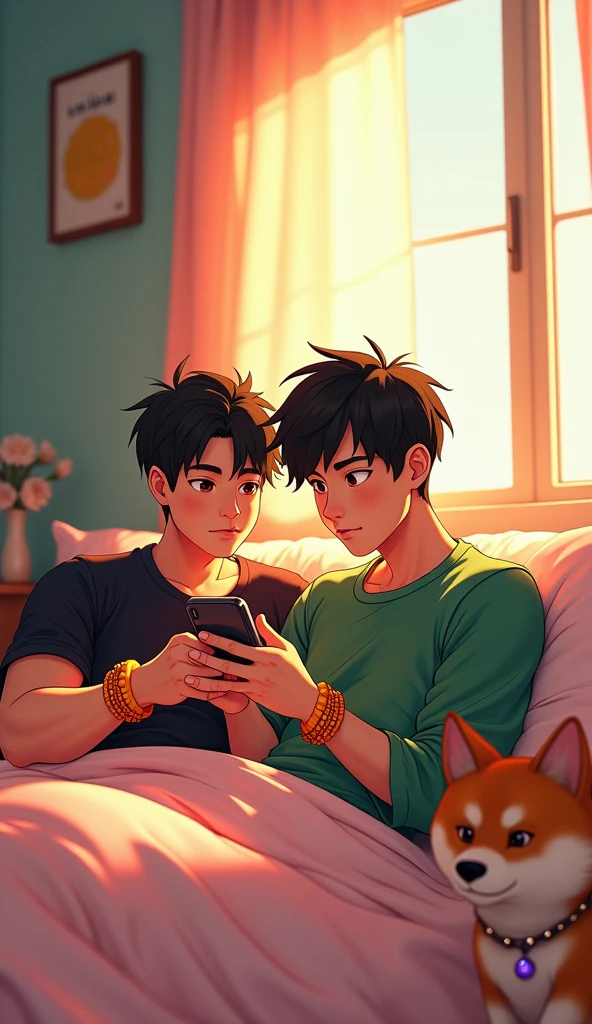 3d art style, A stylized bouncy font above that says "VRIXIAN", two age asian guy in bed, one wearing black shirt, hair is black, the black t shirt guy is big body built, the black shirt guy is a short haired, both is wearing orange pearl bracelet, one is wearing green long sleeve, they both looking at the phone having live stream, besides them has Shiba Inu, dynamic bedroom in a morning,