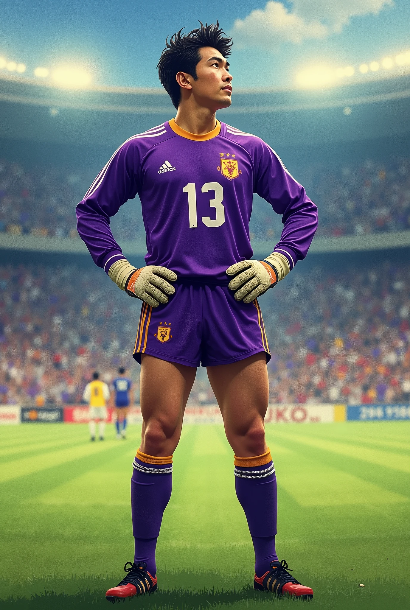 Japanese goalkeeper from 1980 with number 13, purple shirt and the name Angel Martinez being the MVP of the match