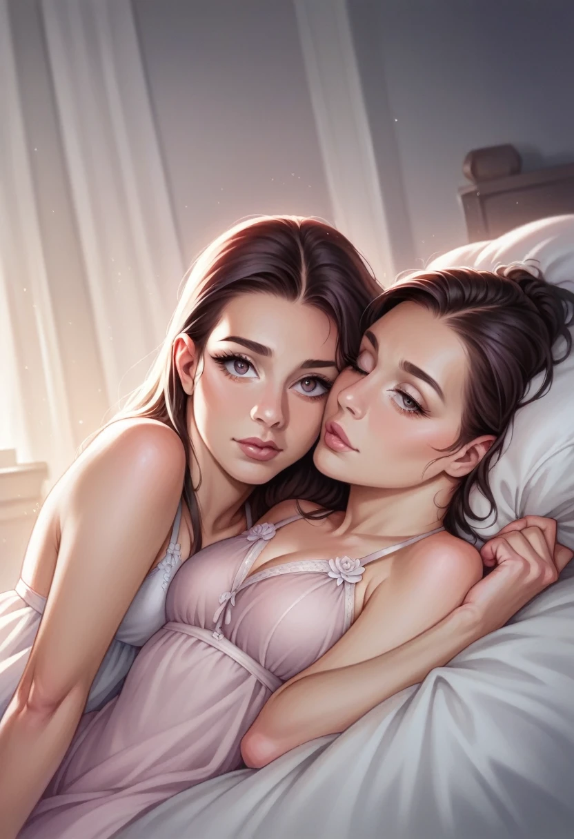 three hijab lesbian girl,lace bra,laying down on bed,kissing,lookin to camera.