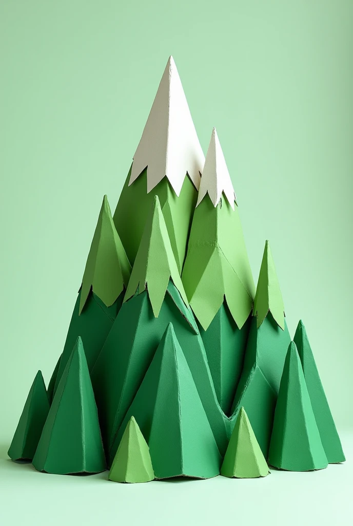 Make a mountain out of cardboard, have cut and paste, add color, green, green là tone màu chính, white on the mountain top mountain without house, Decorate by gluing cardboard to the mountain. There is only one mountain., no need for many small mountains around