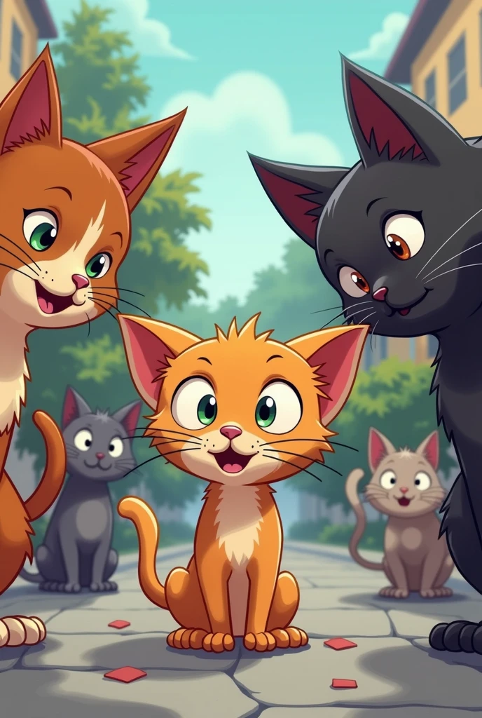 Create a cartoon type cute weak and thin cat getting bullied by other strong cats