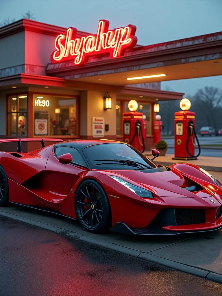 Fusion of red lamborghini and Ferrari F-40 classic parked in front of a gas station, highly detailed hyper real retro, vehicle photography, car photography, automotive photography, octane ray tracing, photo realistic octane render, auto photography, detailed cinematic photography, classic cars, lamborghini diablo, Ferrari F-40,noctane cgsociety, wide body, photo, vibrant