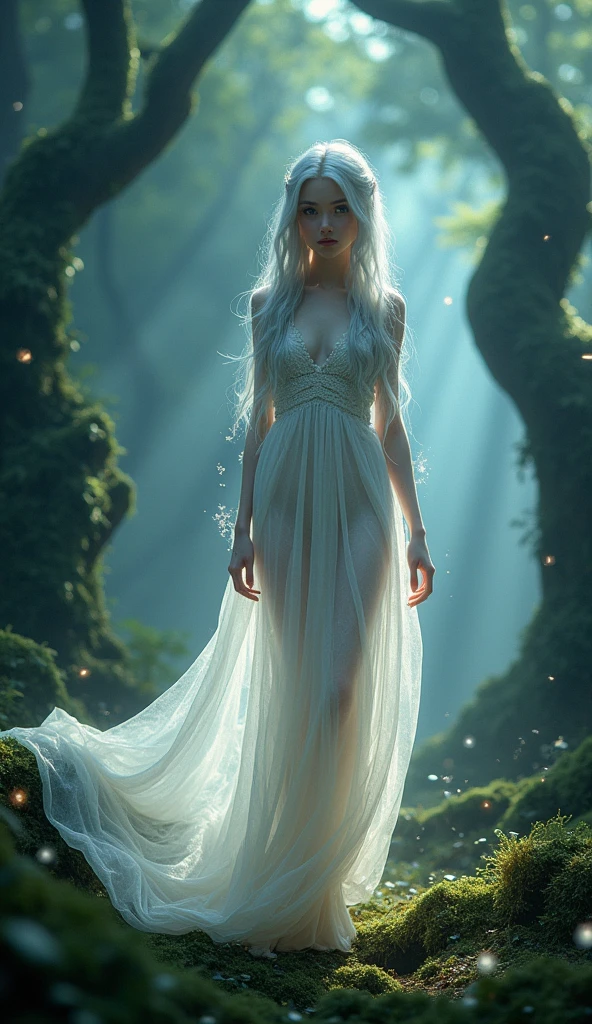 "Create an image of a young ethereal woman standing in a tranquil, mystical forest. Her skin glows softly with a faint, otherworldly light, and her long, flowing hair cascades down her back like a waterfall of silver. She wears a delicate, flowing gown made of gossamer fabric that seems to shimmer in the ambient light. Her eyes are large, luminescent, and filled with ancient wisdom, giving her an almost otherworldly appearance. Surrounding her are floating particles of light, like fireflies, enhancing the magical atmosphere of the scene. The trees around her are tall and ancient, with twisting branches covered in moss, and the ground is blanketed with soft, glowing mist."
