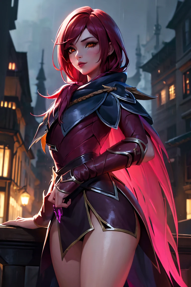 ((​masterpiece)), ((best quality)), 35years old, 8k, detailed face, portrait, 1 girl, ( xayah (League of Legends 1.1)), hoodie, cape, sexy pose, pretty face, asymmetrical long hair, Red hair, belt, black stockings, Orange eyes, sweet grin, forest in the background, pose for the camera, looking down at viewer, Night City, rainy, Full view