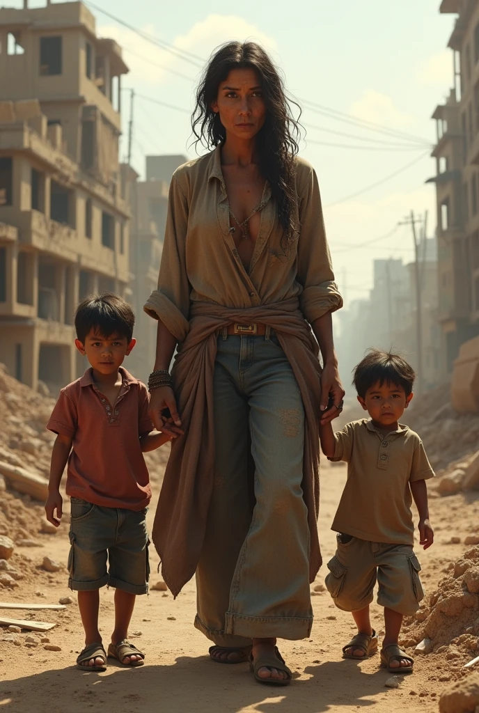 Poor mother working for construction with children helping
