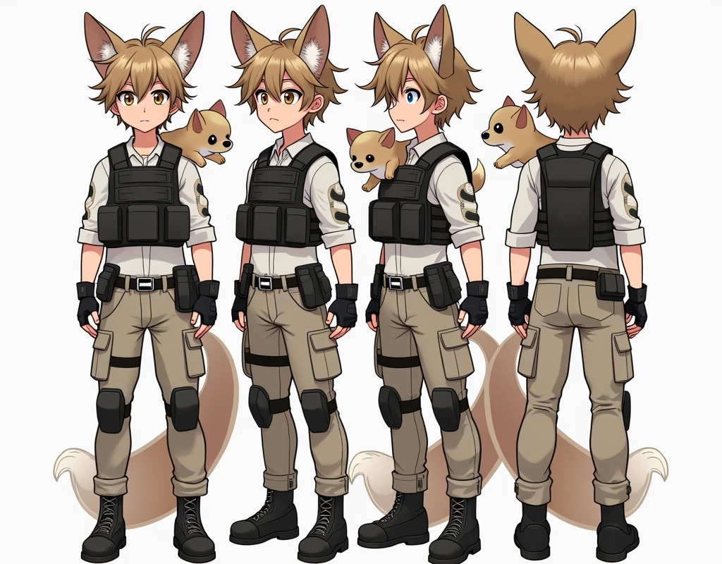Standing boy, cute, 1 boy, , 4-sided design, Diagonals, front, back, profile, Head to body ratio 5, character sheet, whole body, simple background, Four perspectives, tactical gear, bulletproof vest, Good quality, high detail, Puppy Suin,Good quality, high detail, researcher,Pokemon bowser,ultra detailed, masterpiece, best quality, aesthetic, detailed