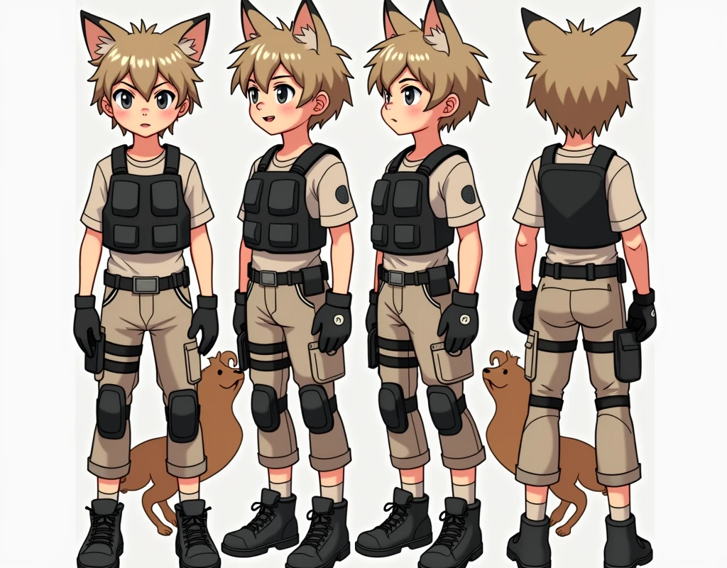 Standing boy, cute, 1 boy, , 4-sided design, Diagonals, front, back, profile, Head to body ratio 5, character sheet, whole body, simple background, Four perspectives, tactical gear, bulletproof vest, Good quality, high detail, Puppy Suin,Good quality, high detail, researcher,Pokemon bowser,ultra detailed, masterpiece, best quality, aesthetic, detailed