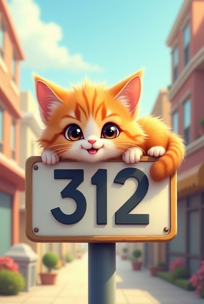 A super cute kitten lying on a sign that says 312，Smiling mouth，big round cute eyes