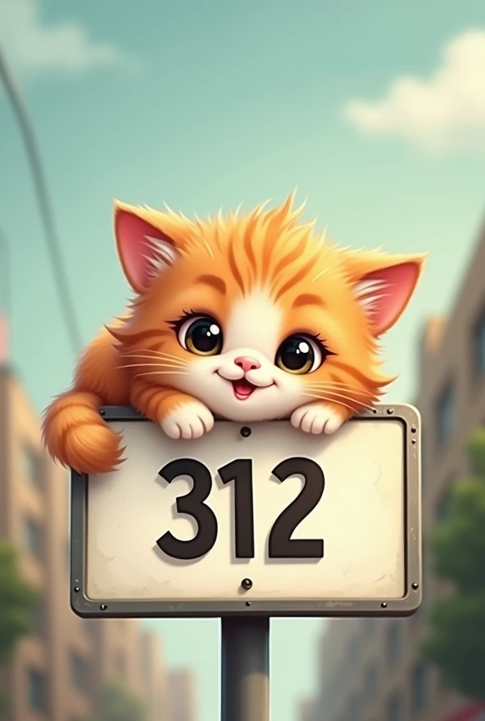 A super cute kitten lying on a sign that says 312,Smiling mouth,big round cute eyes