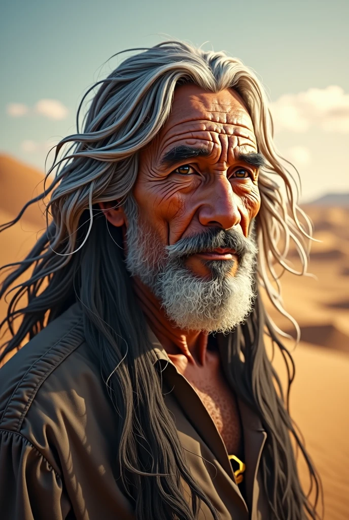 (photorealism:1.2), old native american man, Yaqui, in the desert, long gray hair, without beard, glowing aura, relaxed pose, realistic, intricate details