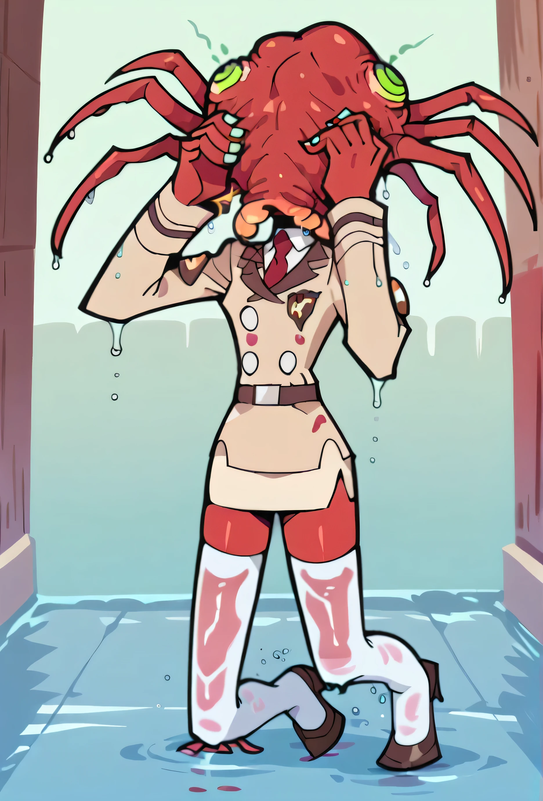 (nsfw:1), (Uncensored:1), (((p&s style))), solo, 1 girl, rating_safe, score_10, sharp, anime screencap, flat shadows, flat colors,1girl, (full body:1.3), (cowboy shot), , anime screencap, flat shadows, flat colors, kneesocks, red skin, short, beige uniform, (((beige skirt suit))), red necktie, (((miniskirt))), (((beige blazer))), (((brown lapel))), (((belt))), (((white thighhighs))), high heels, stilettos, shiny skin, oily skin, glossy clothing, drenched, soaked through outside, raining, soaked, wet, wet clothing, pinup pose, sexy, water droplets, front side view, kneeling, struggling, hands trying to pull parasite off head, hands reaching up to head, panicking, off balance, suffocating, 1 girl, neaparasite, neasex, monster, headless

