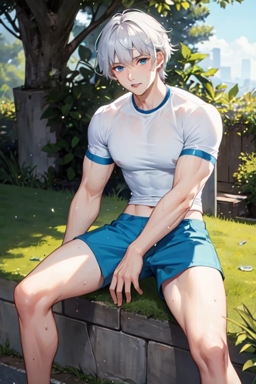 ((Highest quality)), ((masterpiece)), (detailed),One young man、male、Embarrassing、White-like silver hair、look up、Watery blue eyes、Sit with your legs apart、Trousers that reveal your silhouette、Shorts up to the knee、A half-removed shirt、Sweaty、male、Man、Short Hair、White Hair、A half-removed shirt、A white shirt and light blue shorts、Muscular、Having an erection