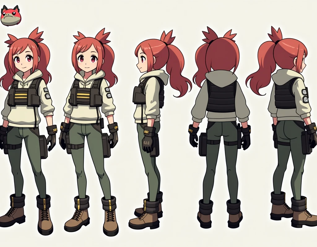 Sonia,pokemon,Standing Girl, cute, 1 girl, , 4-sided design, Diagonals, front, back, profile, Head to body ratio 5, character sheet, whole body, simple background, Four perspectives, tactical gear, bulletproof vest, Good quality, high detail, researcher,Pokemon bowser,ultra detailed, masterpiece, best quality, aesthetic, detailed
