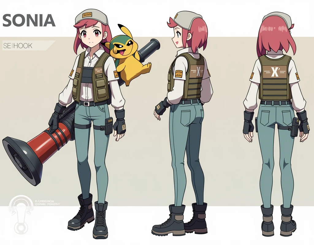 Sonia,pokemon,Standing Girl, cute, 1 girl, , 4-sided design, Diagonals, front, back, profile, Head to body ratio 5, character sheet, whole body, simple background, Four perspectives, tactical gear, bulletproof vest, Good quality, high detail, researcher,Pokemon bowser,ultra detailed, masterpiece, best quality, aesthetic, detailed