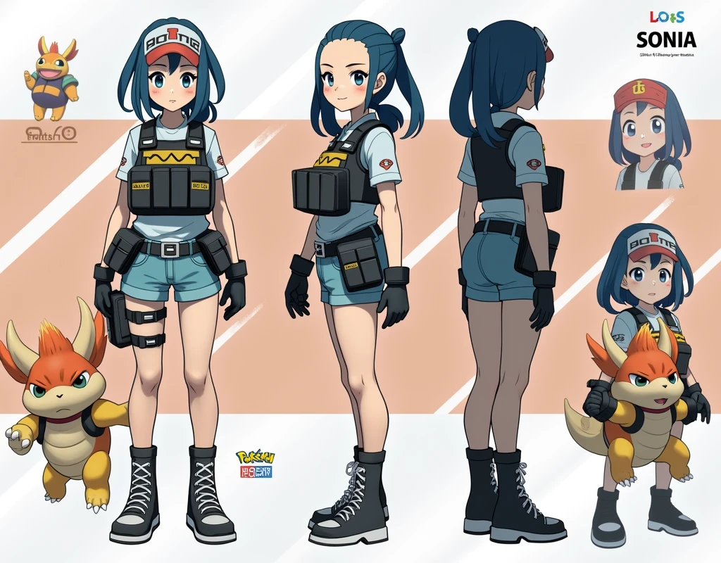 Sonia,pokemon,Standing Girl, cute, 1 girl, , 4-sided design, Diagonals, front, back, profile, Head to body ratio 5, character sheet, whole body, simple background, Four perspectives, tactical gear, bulletproof vest, Good quality, high detail, researcher,Pokemon bowser,ultra detailed, masterpiece, best quality, aesthetic, detailed