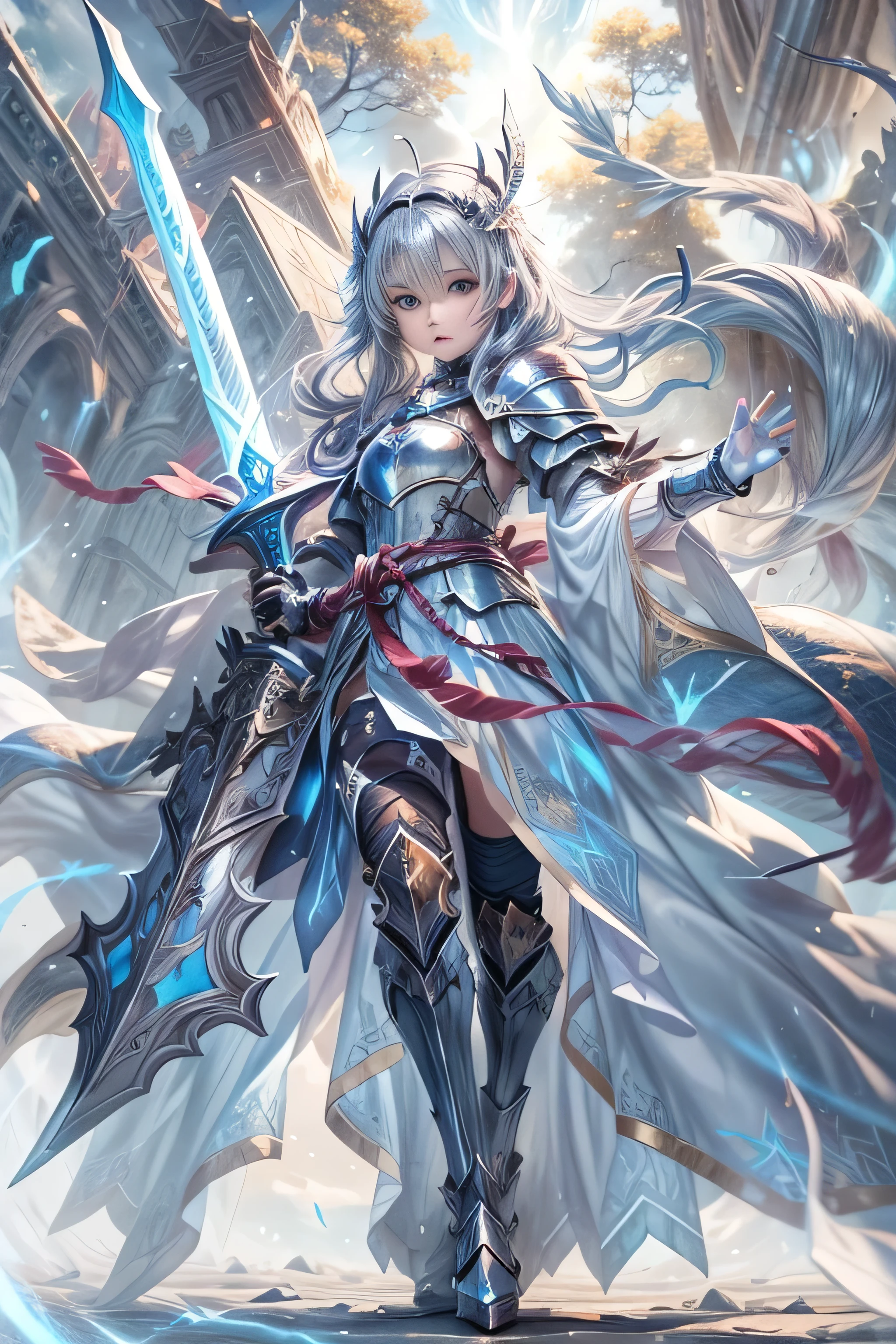 A female knight recognized by the legendary holy sword Excalibur、With the protection of the spirit of light, it emits an aura of light.、8k.Half Russian and half Japanese、Russian face、beautiful girl、A princess with the title of Dragon Slayer、、Small face、Young face、Big eyes、Skinny、Small breasts、(((Silver Hair、Silver Hair)))、With bangs、(((High resolution big beautiful light blue glowing eyes, )))、Shortcuts、Bobcut、(((Red ribbon in hair、Floral decoration)))、Partially braided、Transforms into an armored knight at the call of the holy sword Excalibur.、Large sword、A holy sword that emits a pale blue light、((god々He holds up his sword, shining a deep blue, to the sky.))、god々A sword that shines brilliantly、Magic Sword Light Shield、Armor of Light、fantasy landscape、Fantasy、(Battle with the Dark Knight、Fighting the Demons、Fighting the beastmen)A dragon knight riding a flying dragon through the sky、The sword swings down, leaving a trail of light in its wake.