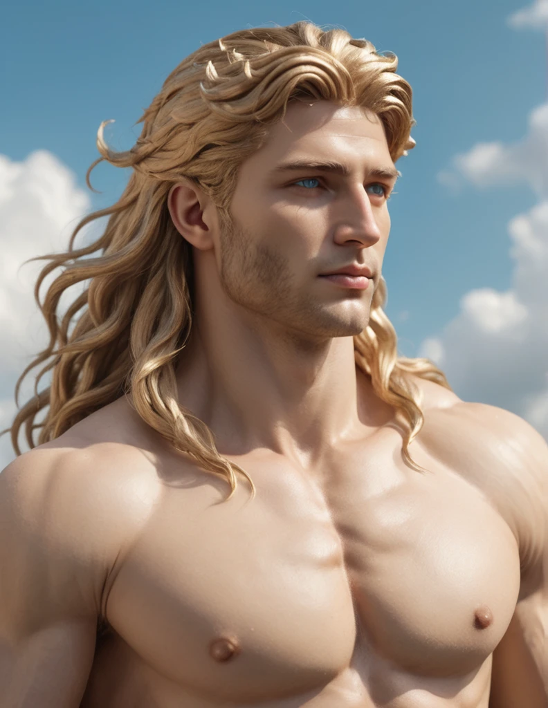 Apollo was considered to be the most beautiful male god among the Dodekatheon. Apollo is said to have long golden locks of hair, sky blue eyes supported a muscular build, anatomically correct, super detail, high quality, 4K