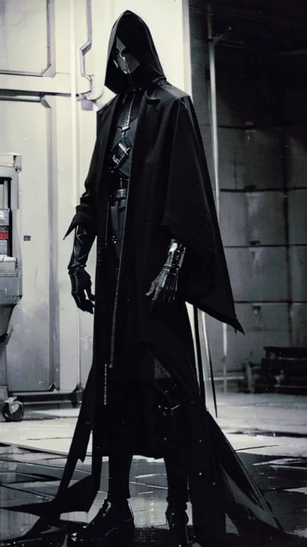 Black Hair、Cold look:1.5、Dark Background、night、whole photo、Black gloves、Ominous Machine Lifeform、Nihil、Half of his body is made of machinery、Mechanical Man:1.5、Modern clothing:、Creepy、Scary atmosphere、Long coat、basement、Dim lighting、Dark Shadows
