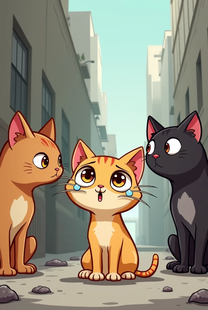 Create a cartoon type cute weak and thin cat crying hard and getting bullied by other strong cats