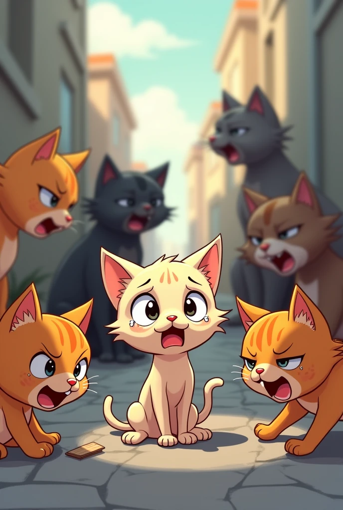 Create a cartoon type cute weak and thin cat crying hard and getting bullied by other strong cats