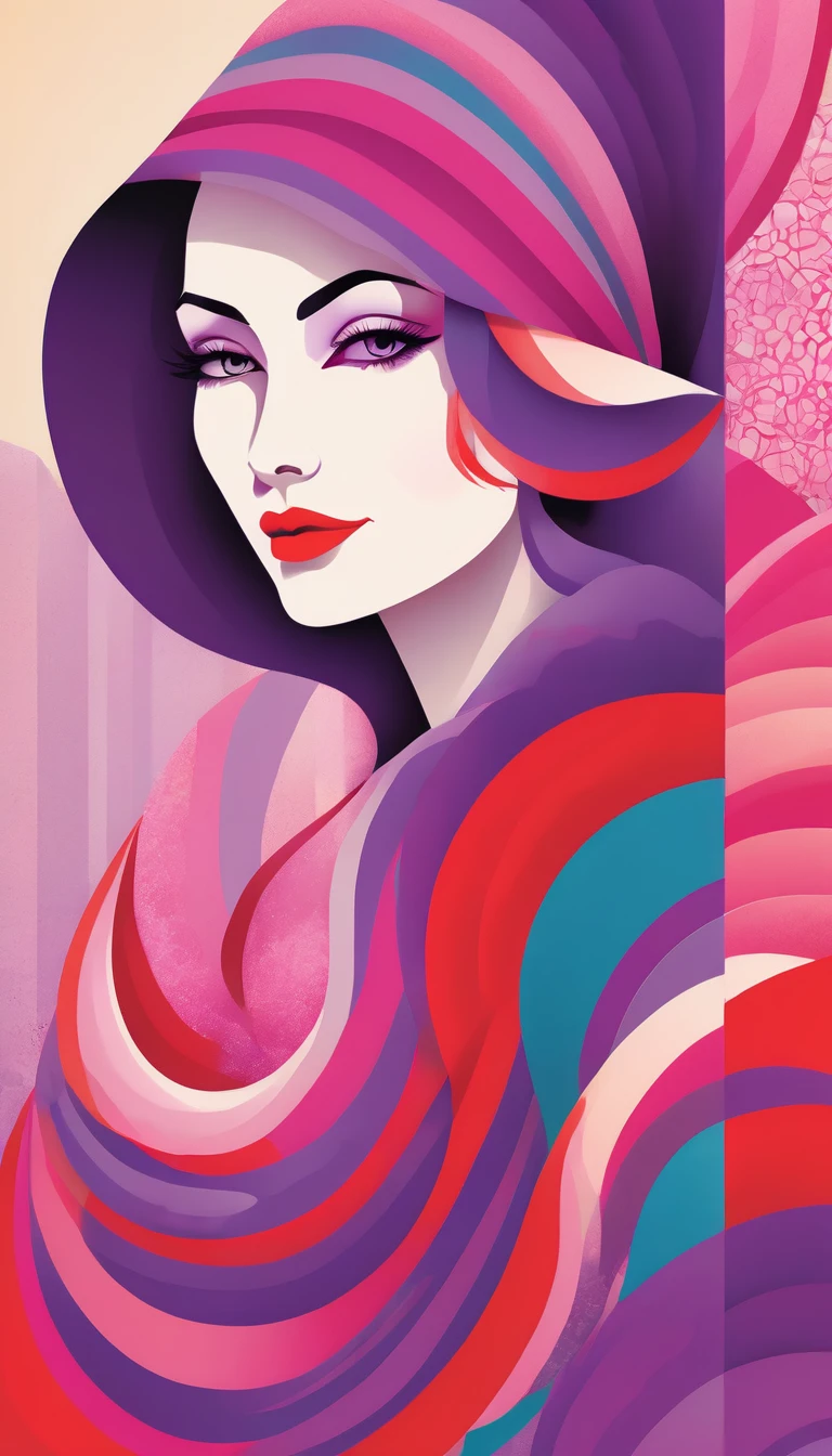 A stylized illustration of a Woman, with layers of color, in shades of pink and purple, set against a vibrant background with bold red lines that create dynamic patterns around the petal edges. The overall feel is playful yet sophisticated, suitable for modern art prints or digital illustrations. In the style of a children's book illustrator or warfare artist