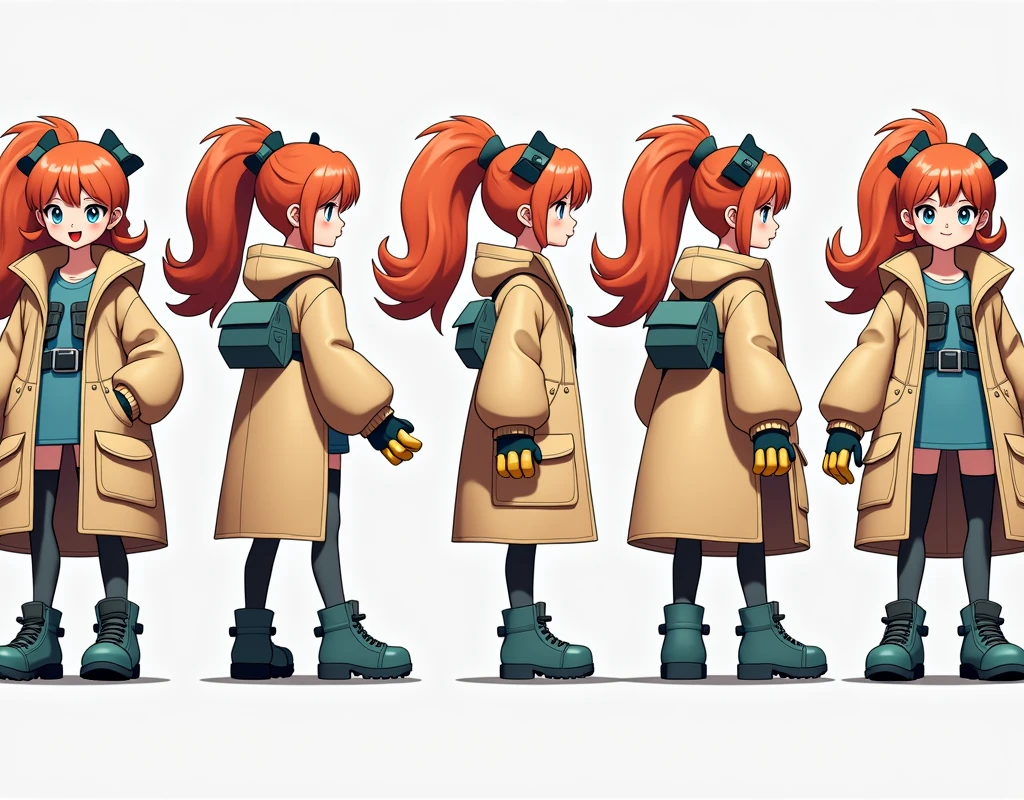 Sonia,pokemon,Standing Girl, cute, 1 girl, , 4-sided design, Diagonals, front, back, profile, Head to body ratio 5, character sheet, whole body, simple background, Four perspectives, tactical gear, bulletproof vest, Good quality, high detail, researcher,Pokemon bowser,ultra detailed, masterpiece, best quality, aesthetic, detailed