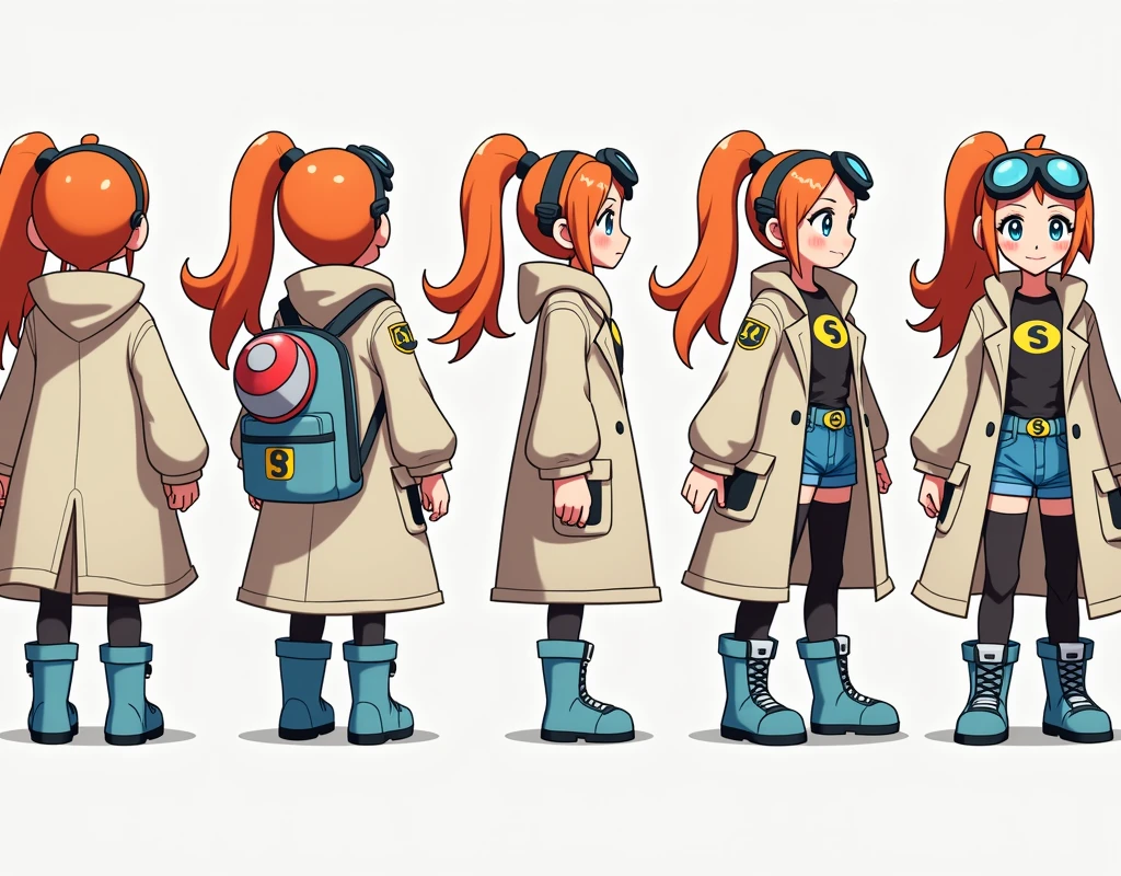 Sonia,pokemon,Standing Girl, cute, 1 girl, , 4-sided design, Diagonals, front, back, profile, Head to body ratio 5, character sheet, whole body, simple background, Four perspectives, tactical gear, bulletproof vest, Good quality, high detail, researcher,Pokemon bowser,ultra detailed, masterpiece, best quality, aesthetic, detailed