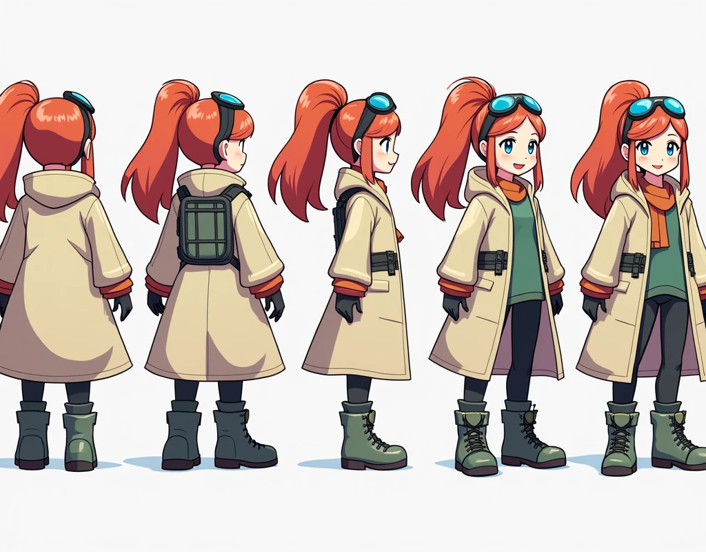 Sonia,pokemon,Standing Girl, cute, 1 girl, , 4-sided design, Diagonals, front, back, profile, Head to body ratio 5, character sheet, whole body, simple background, Four perspectives, tactical gear, bulletproof vest, Good quality, high detail, researcher,Pokemon bowser,ultra detailed, masterpiece, best quality, aesthetic, detailed