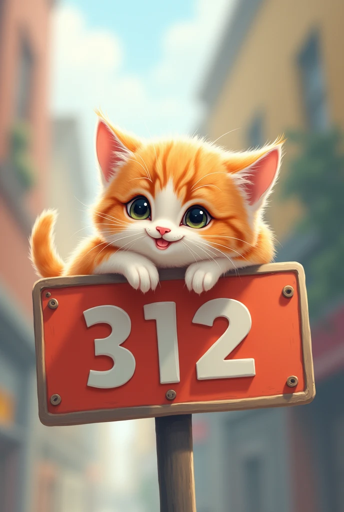 A super cute kitten lying on a sign that says 312,Smiling mouth,big round cute eyes