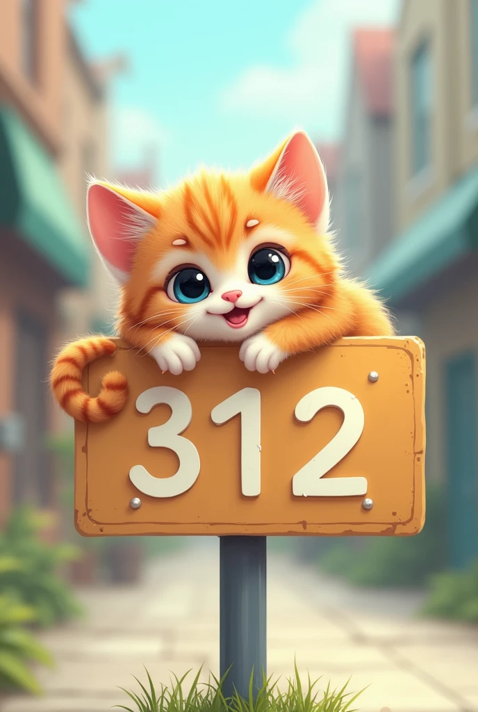 A super cute kitten lying on a sign that says 312，Smiling mouth，big round cute eyes