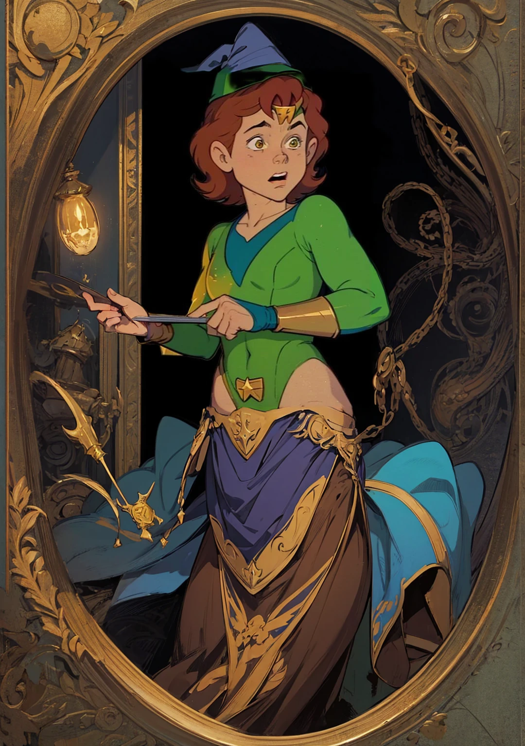 NSFW,Colorful portrait illustration, (attractive female as a Wizard, ponytail, wear_length_Flowing_green_Complicated_embroidery_Wizard_Robe), (necklace, Pouch, belt, smile, Very detailed face, masterpiece, Highest quality), Very detailed, (In the dungeons), magician_Grams, (A large, glowing circle of runes), Fire and Ice, Casting a Spell, Ultra-high resolution,pussy juice,Leg spread,