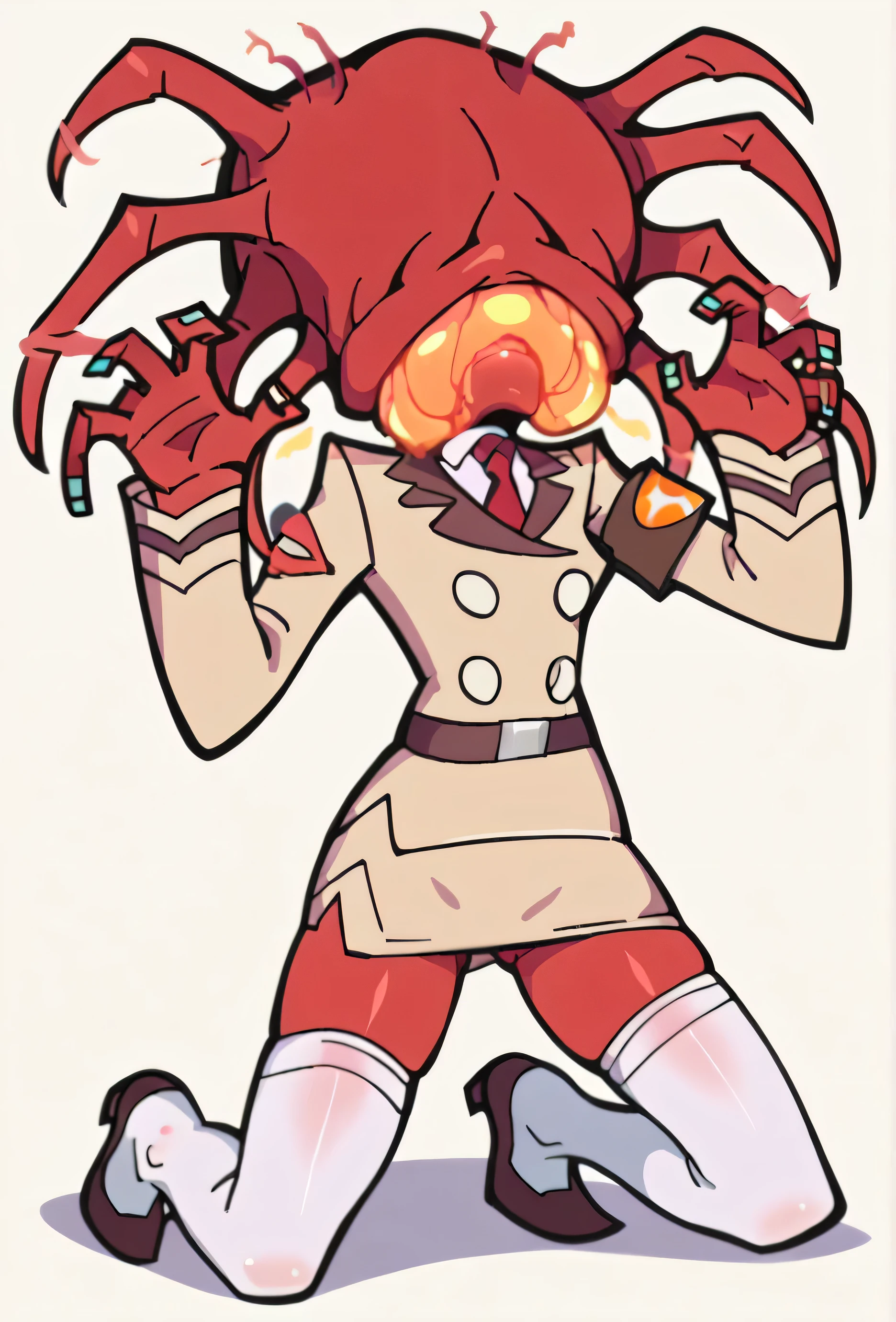 (nsfw:1), (Uncensored:1), (((p&s style))), solo, 1 girl, rating_safe, score_10, sharp, anime screencap, flat shadows, flat colors,1girl, (full body:1.3), (cowboy shot), , anime screencap, flat shadows, flat colors, kneesocks, red skin, short, beige uniform, (((beige skirt suit))), red necktie, (((miniskirt))), (((beige blazer))), (((brown lapel))), (((belt))), (((white thighhighs))), high heels, stilettos, shiny skin, oily skin, glossy clothing, pinup pose, sexy, front side view, (((kneeling))), struggling, hands trying to pull parasite off head, hands reaching up to head, panicking, off balance, suffocating, 1 girl, neaparasite, neasex, monster, headless, pussy showing