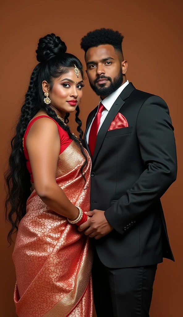 Newly wed couple, hot south indian curvy milf with black twisted tied hair, big ??????, big hip, big ???, thick thighs, woman wearing saree, indian couple, short brown man with afro haircut, big muscular body and beard, man wearing suit, in wedding stage, woman holding man hand, high resolution, looking at camera, front body close-up view