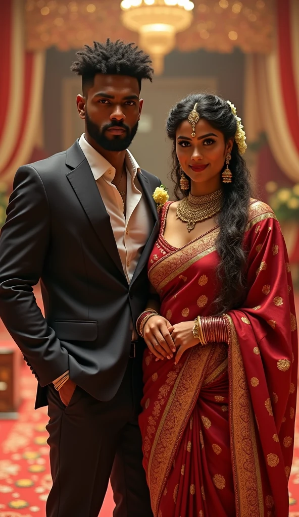 Newly wed couple, hot south indian curvy milf with black twisted tied hair, big breast, big hip, big ass, thick thighs, woman wearing saree, indian couple, short brown man with afro haircut, big muscular body and beard, man wearing suit, in wedding stage, woman holding man hand, high resolution, looking at camera, front body close-up view