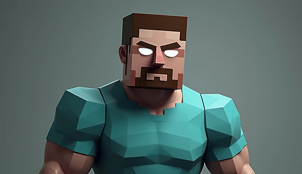 Steve from Minecraft with white eyes and his muscular square body wearing a light blue shirt