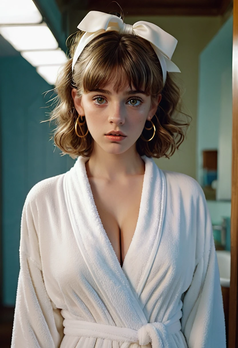 illustration, style of Philip Lorca diCorcia, cinematic film still portrait of young girl aged rs old,irl, solo, Instagram model, athletic figure, deep cleavage, large breasts, cute face, wearing a white bathrobe, light brown hair, short curly hair, crossed bangs, brown eyes, constricted pupils, hair ribbon, hoop earrings, cinematic lighting, Ultra-Wide Angle, Canon, Hyperrealism, UHD, masterpiece, textured skin, high details, best quality, detailed eyes, detailed iris, whole body photo