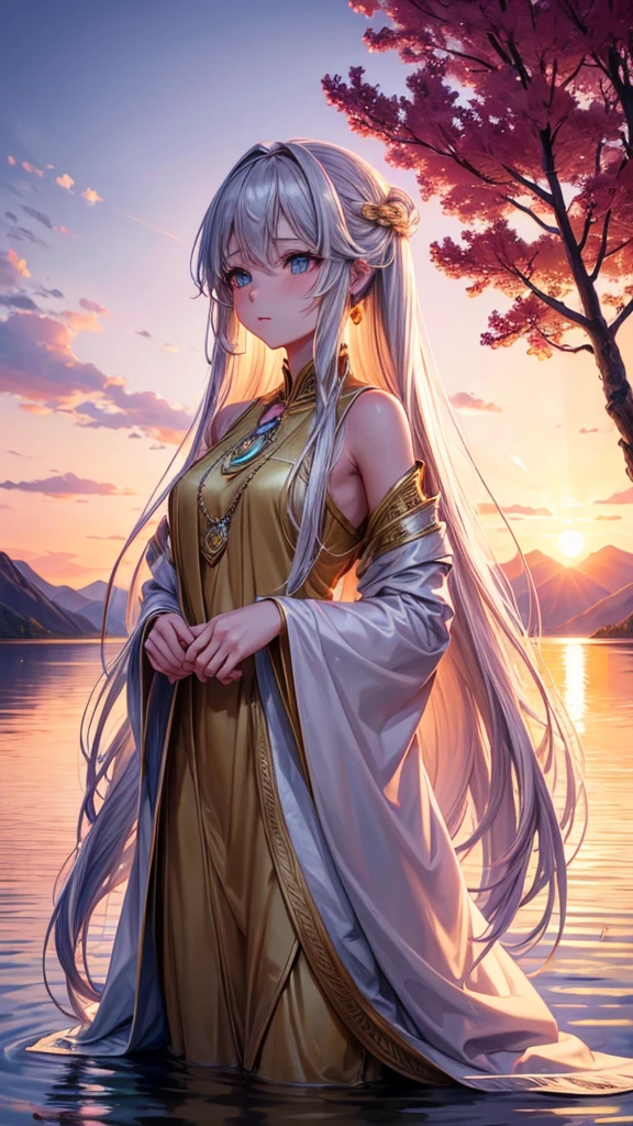 1 girl, serene expression, mesmerizing eyes, straight long hair, flowing dress, poised posture, porcelain skin, subtle blush, crystal pendant, golden hour, (rim lighting:1.2), warm tones, sun flare, soft shadows, vibrant colors, painterly effect, dreamy atmosphere, scenic lake, distant mountains, willow tree, calm water, reflection, sunlit clouds, peaceful ambiance, idyllic sunset, (ultra detailed:1.2), (official art:1.1), (unity 8k wallpaper:1.1), zentangle, mandala