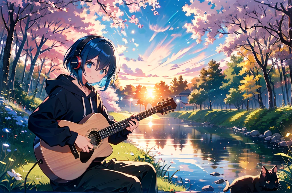 Absurd, High resolution, relax time, Fantastical light particles, Lens flare,A big smile、Blue Hair、(Red headphones:1.4)、(White hoodie:1.2)、One girl、Sitting and playing guitar、(Wide angle of view:1.2)、(Shooting from a distance:1.2)、The river bank where the setting sun shines、One black cat、Cherry tree