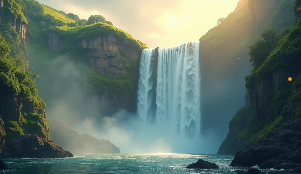 A viral social media image about "lofi music with huge waterfall vibes" featuring a massive, tranquil waterfall cascading through lush green cliffs, bathed in golden sunlight, with floating musical notes subtly integrated into the mist.






