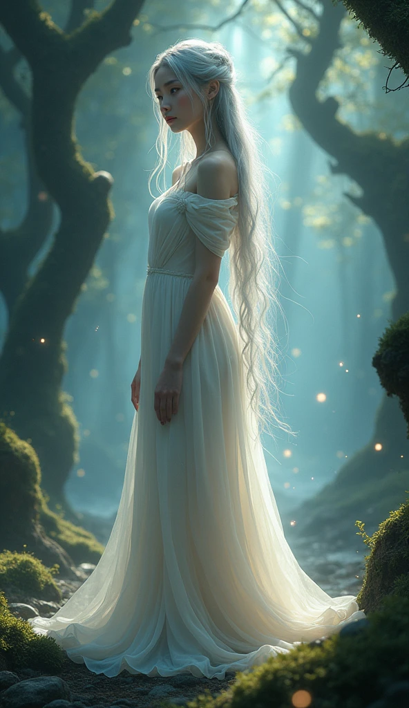 "Create an image of a young Asian ethereal woman standing in a tranquil, mystical forest. Her skin glows softly with a faint, otherworldly light, and her long, flowing hair cascades down her back like a waterfall of silver. She wears a delicate, flowing gown made of gossamer fabric that seems to shimmer in the ambient light. Her eyes are large, luminescent, and filled with ancient wisdom, giving her an almost otherworldly appearance. Surrounding her are floating particles of light, like fireflies, enhancing the magical atmosphere of the scene. The trees around her are tall and ancient, with twisting branches covered in moss, and the ground is blanketed with soft, glowing mist."