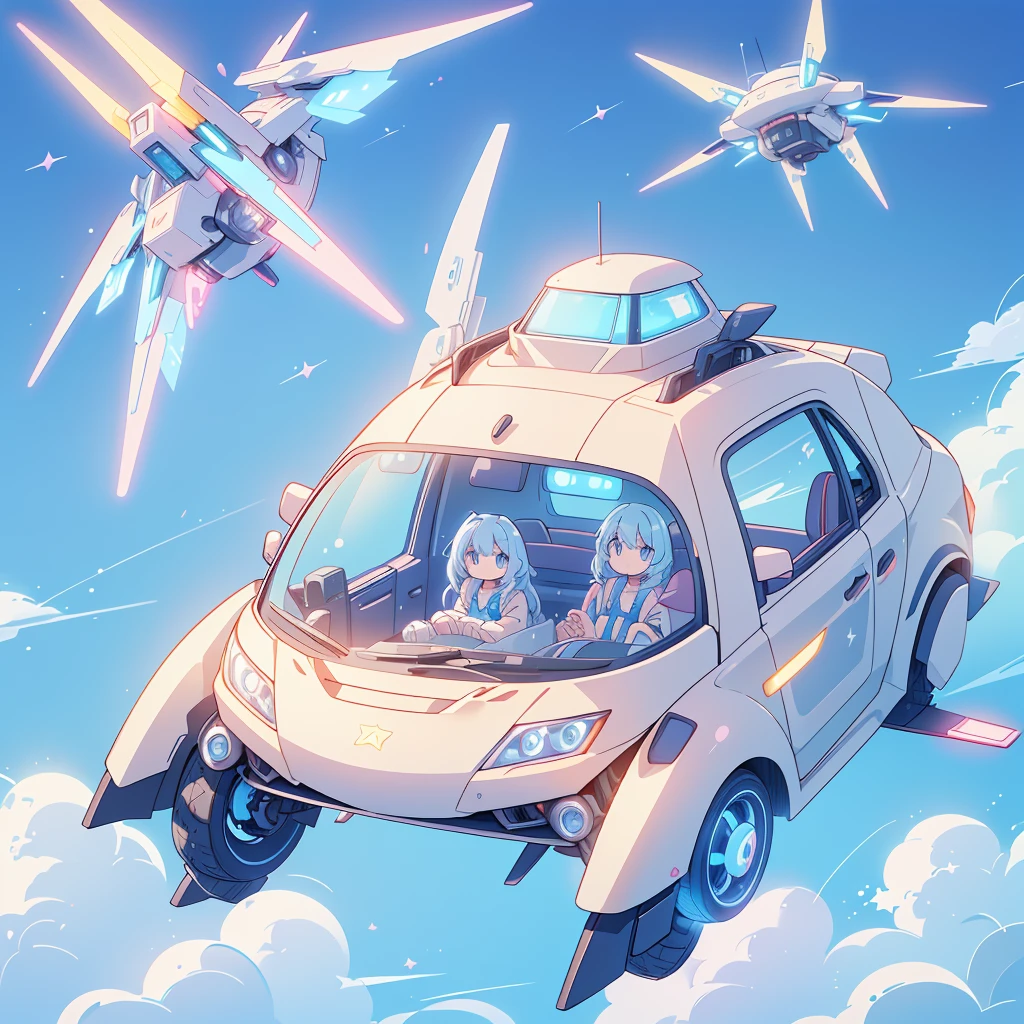 A futuristic flying star-shaped pastel-colored vehicle、kawaii tech,No people、
