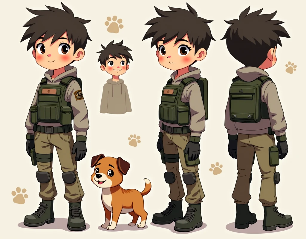 Standing boy, cute, 1 boy, , 4-sided design, Diagonals, front, back, profile, Head to body ratio 5, character sheet, whole body, simple background, Four perspectives, tactical gear, bulletproof vest, Good quality, high detail, Puppy Suin,Good quality, high detail, researcher,Pokemon bowser,ultra detailed, masterpiece, best quality, aesthetic, detailed