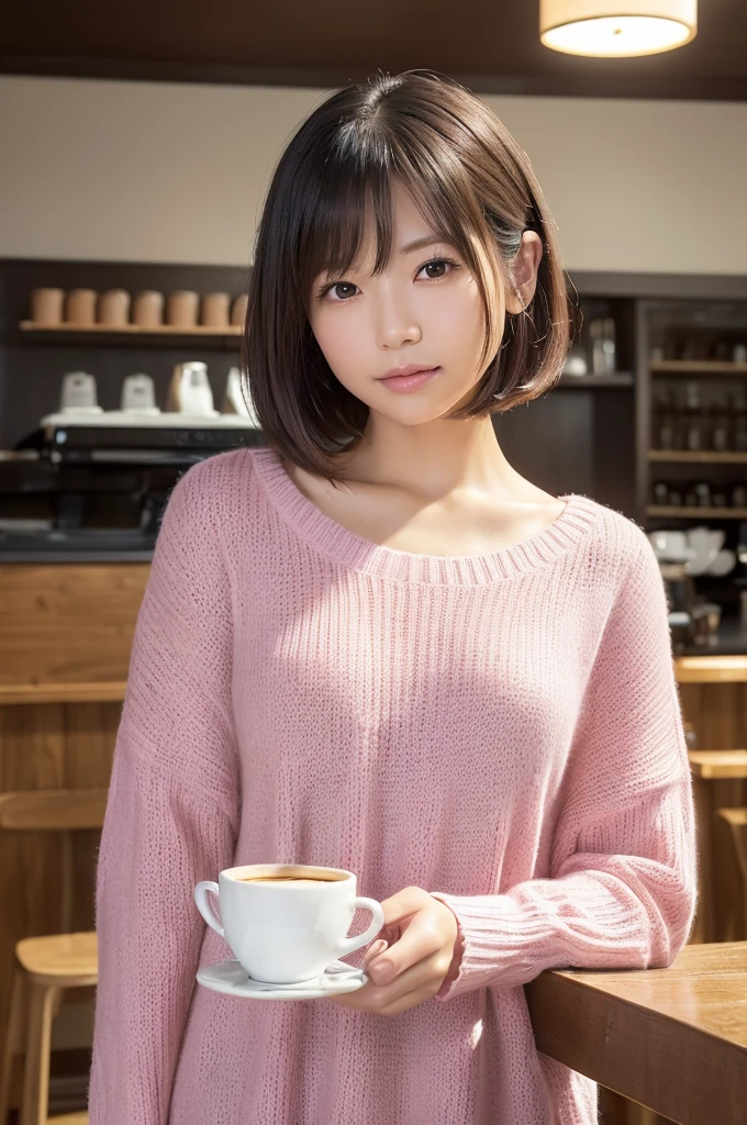 (((Cafe:1.3, indoor, Photographed from the front))), ((medium bob:1.3, pink knit, japanese woman, cute)), (clean, natural makeup), (highest quality, masterpiece:1.3, 超High resolution), (Super detailed, caustics), (realistic:1.4, RAW shooting), very detailed, High resolution, 16K resolution